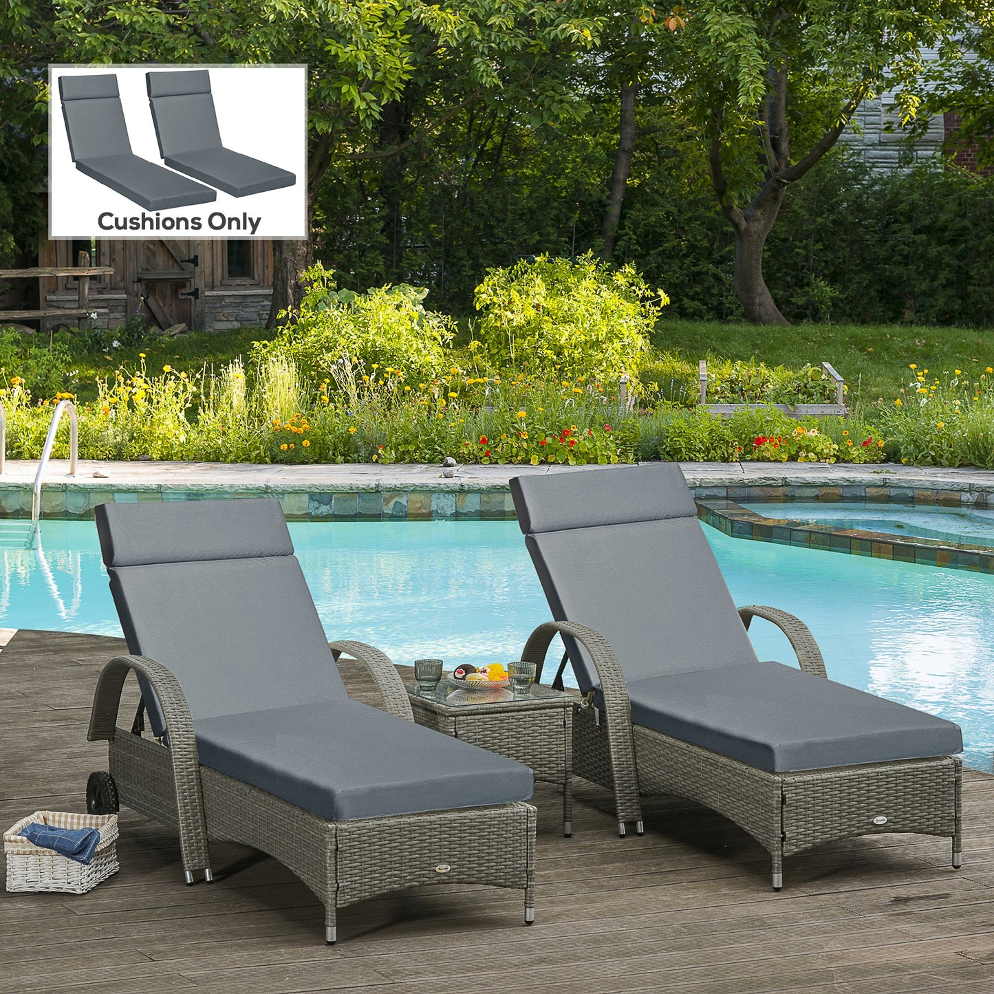 Outsunny Set of 2 Sun Lounger Cushions, Replacement Cushions for Rattan Furniture with Ties, 196 x 55 cm, Cushion ONLY, Dark Grey