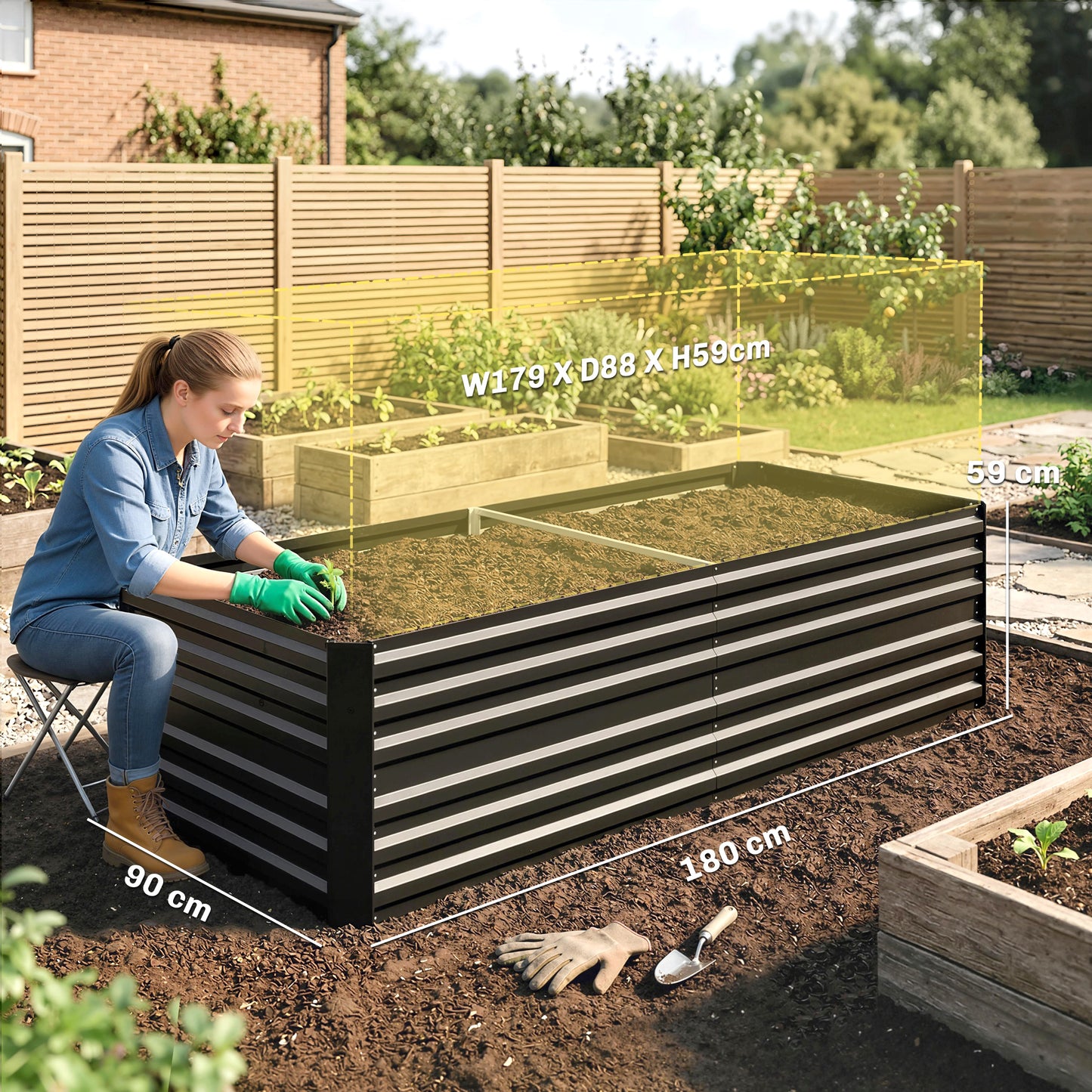 Outsunny Raised Beds for Garden, Galvanised Steel Outdoor Planters with Multi-reinforced Rods, 180 x 90 x 59 cm, Black