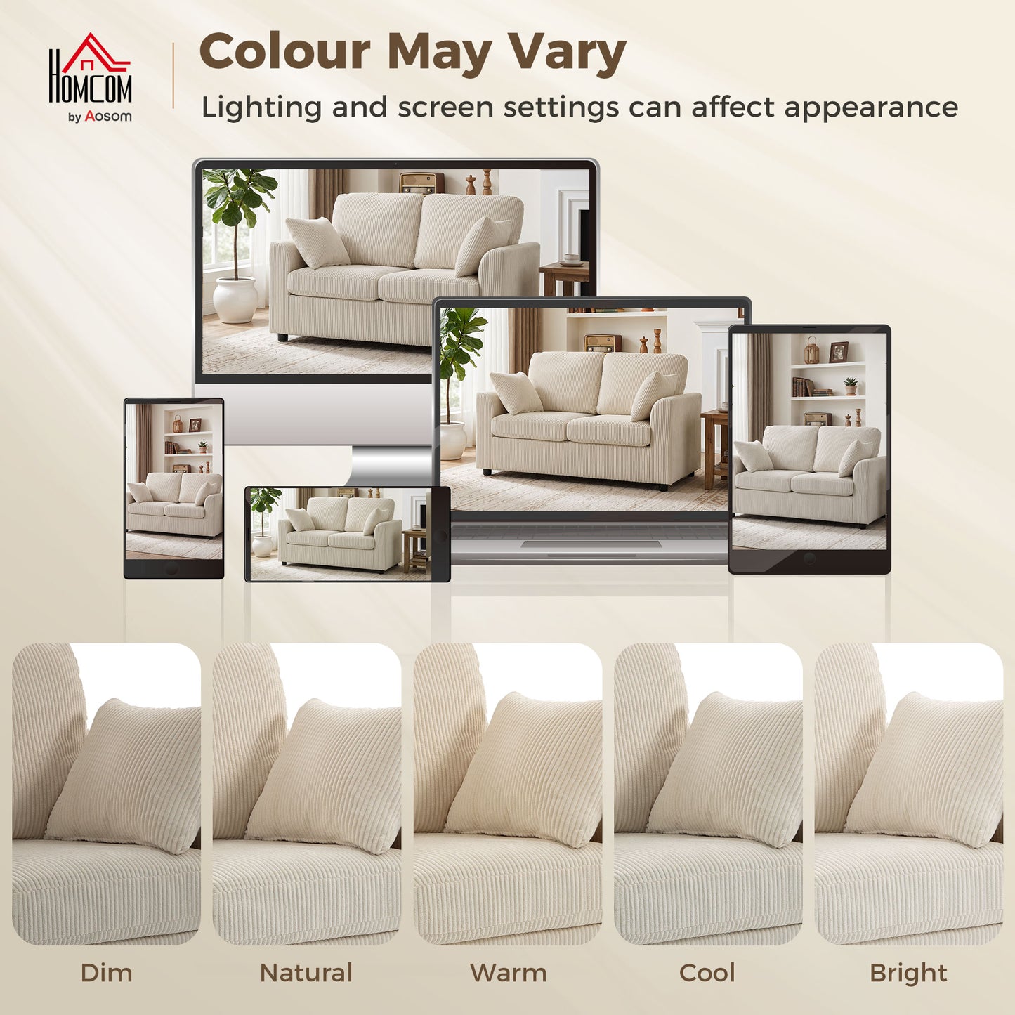 HOMCOM 2 Seater Sofa, Corduroy Small Couch with Spring Cushion, Wide and Deep Seat, Beige