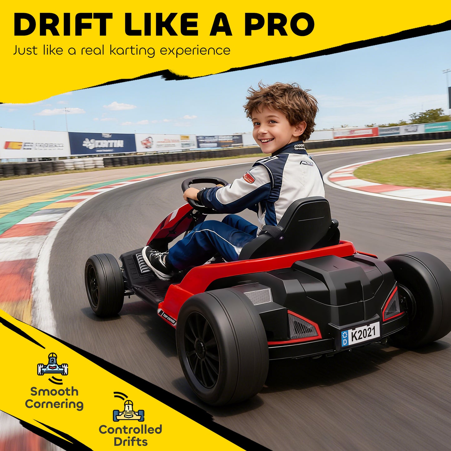 AIYAPLAY 24V Electric Go Kart, Drift Kart with Adjustable Seat, Slow Start, 5-Point Harness, Music, Horn, for 6-12 Years, Red