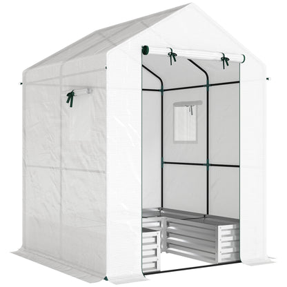 Outsunny Small Greenhouse with Raised Garden Bed, Galvanised Walk-in Greenhouse with Roll Up Windows, 141 x 141 x 190 cm, White