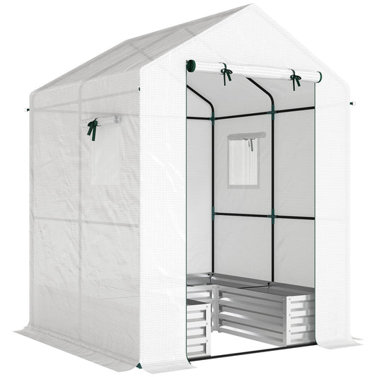 Outsunny Small Greenhouse with Raised Garden Bed, Galvanised Walk-in Greenhouse with Roll Up Windows, 141 x 141 x 190 cm, White