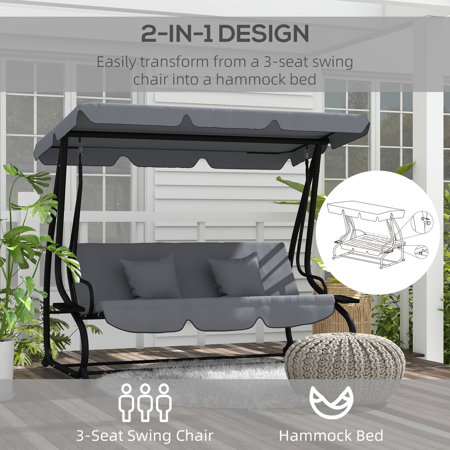 Outsunny Three-Person garden Swing Chair, with Adjustable Canopy - Light Brown