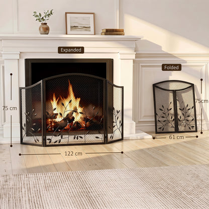 HOMCOM 3-Panel Folding Fireplace Screen for Hearth Protection, Heat-Resistant Metal Fire Spark Guard, Black