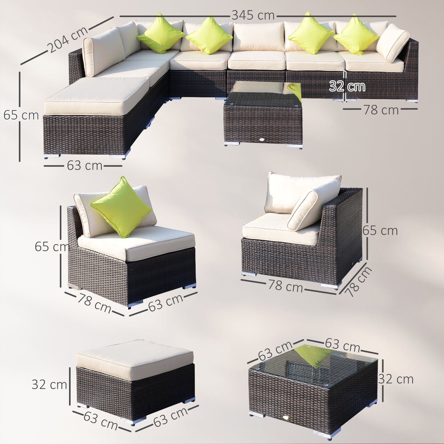 Outsunny 8 Piece Rattan Corner Sofa Set with Wide & Deep Seat, Assembled Aluminium PE Rattan Garden Furniture Set with Thick Cushions and Glass Top Table for Outdoor, Conservatory, Mixed Brown-Outdoor Furniture Sets-ChewyGames-ChewyGames