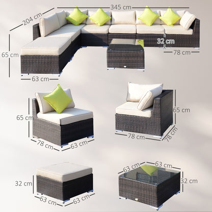 Outsunny 8 Piece Rattan Corner Sofa Set with Wide & Deep Seat, Assembled Aluminium PE Rattan Garden Furniture Set with Thick Cushions and Glass Top Table for Outdoor, Conservatory, Mixed Brown-Outdoor Furniture Sets-ChewyGames-ChewyGames