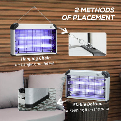 Outsunny 30W Electric Fly Zapper, Bug Zapper with UK Plug, 2 UV Bulbs, Hanging Chain, On/Off Switch and Removable Catch Tray, 60㎡ Coverage Insect Mosquito Killer for Indoor and Outdoor Use, Silver