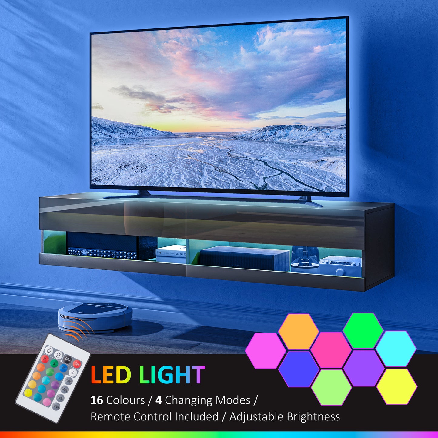 HOMCOM Floating TV Unit, Wall Mounted TV Cabinet for TVs up to 65", High Gloss Media Wall Unit with LED Lights, Storage Shelves, APP Control for Living Entertainment Room, Black