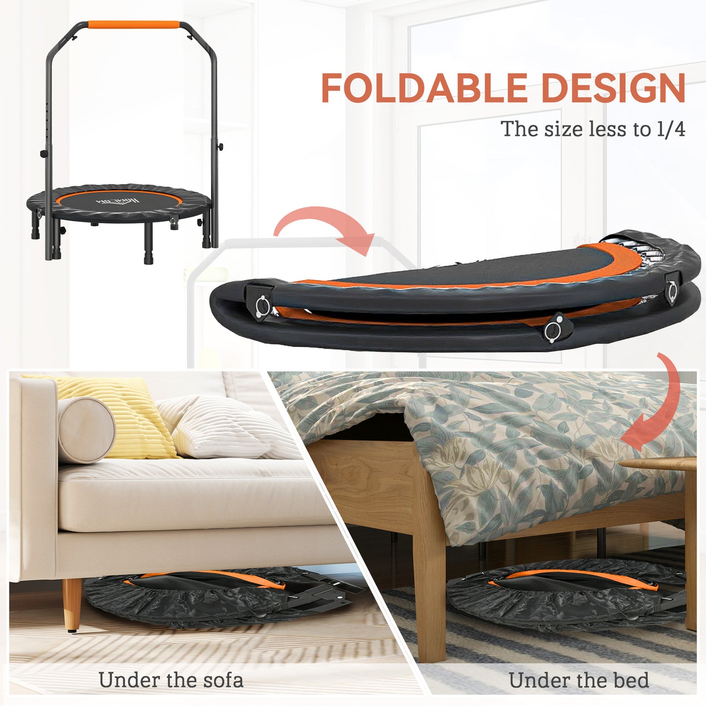 HOMCOM 40" Foldable Mini Fitness Trampoline, with Adjustable Foam Handle, Orange