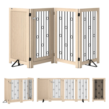 PawHut 4 Panel Freestanding Pet Gate, Indoor Dog Barrier with Lockable Door, Support Feet, 360° Flexible Hinges, Oak