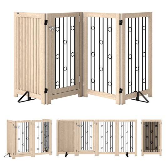 PawHut 4 Panel Freestanding Pet Gate, Indoor Dog Barrier with Lockable Door, Support Feet, 360° Flexible Hinges, Oak