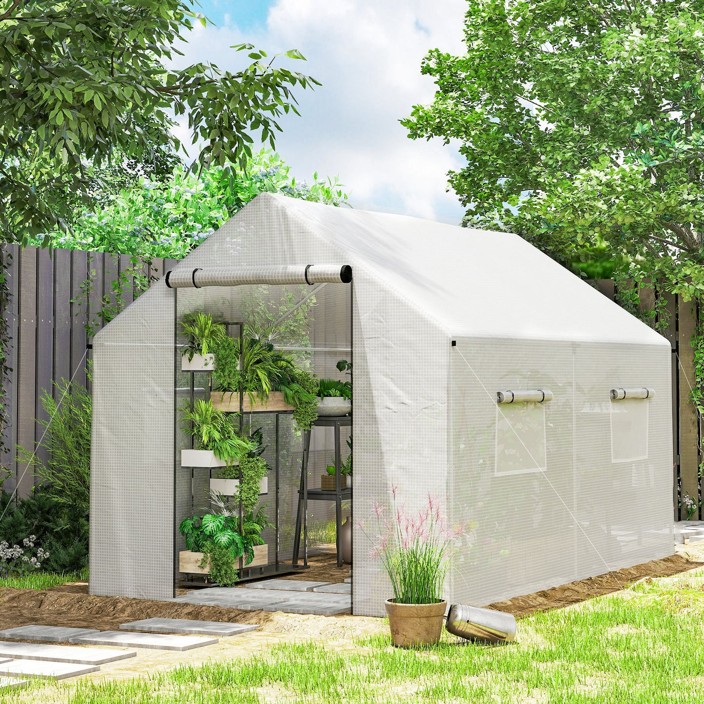 Outsunny Polyethylene Walk-in Polytunnel Greenhouse with Roll-up door and UV-resistant plastic cover, 2 x 3(m), White