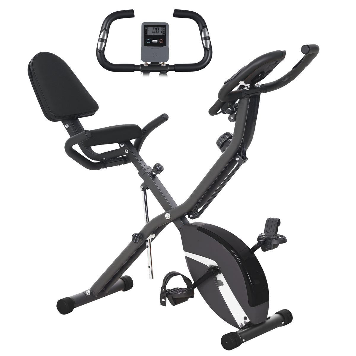 SPORTNOW Five-in-one Foldable Exercise Bike, Stationary Bike with Arm Workout Bands, LDC Monitor, Phone Holder, Black