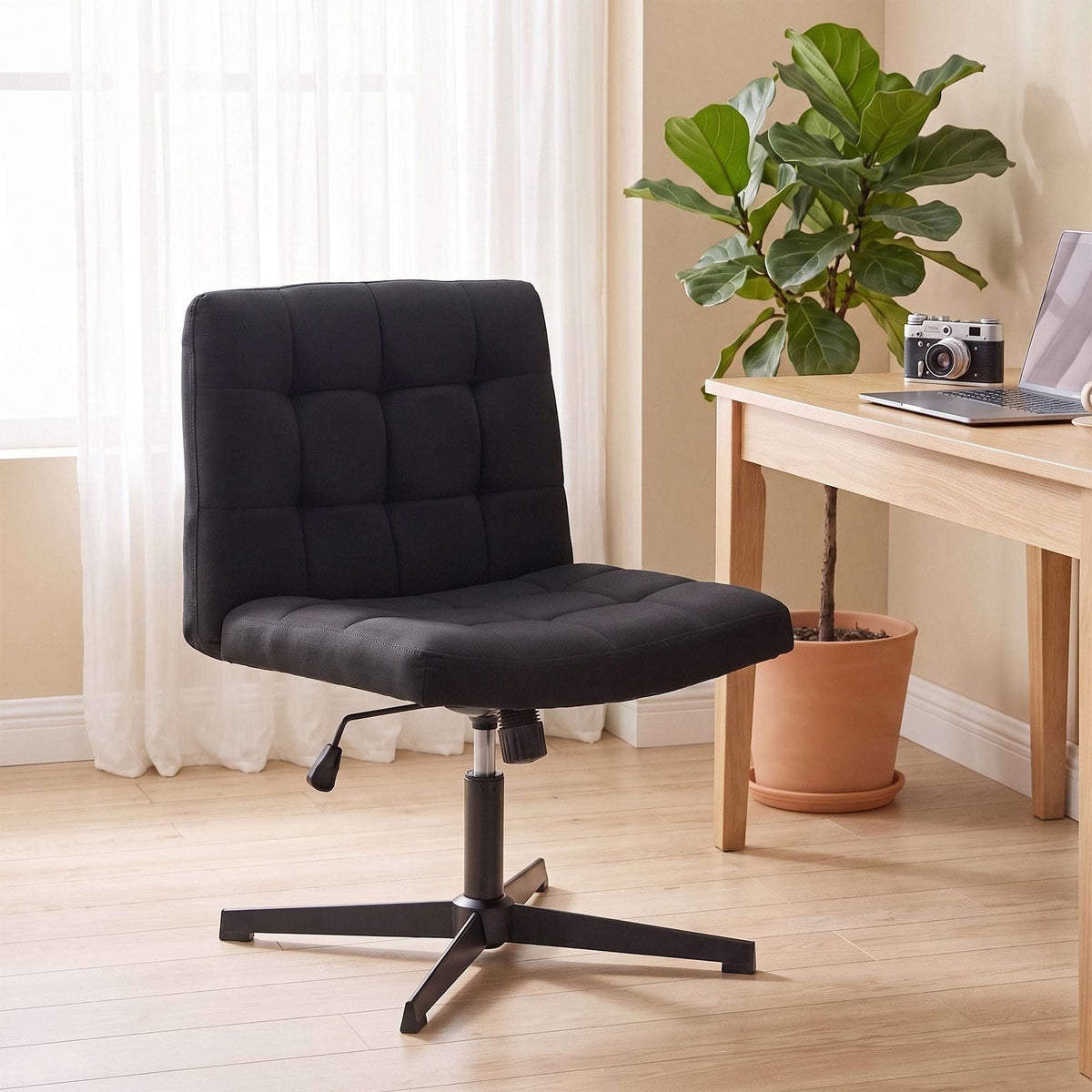 HOMCOM Armless Office Chair, Cross Legged Linen Computer Desk Vanity Chair with Wide Seat, Rocking Function, Black