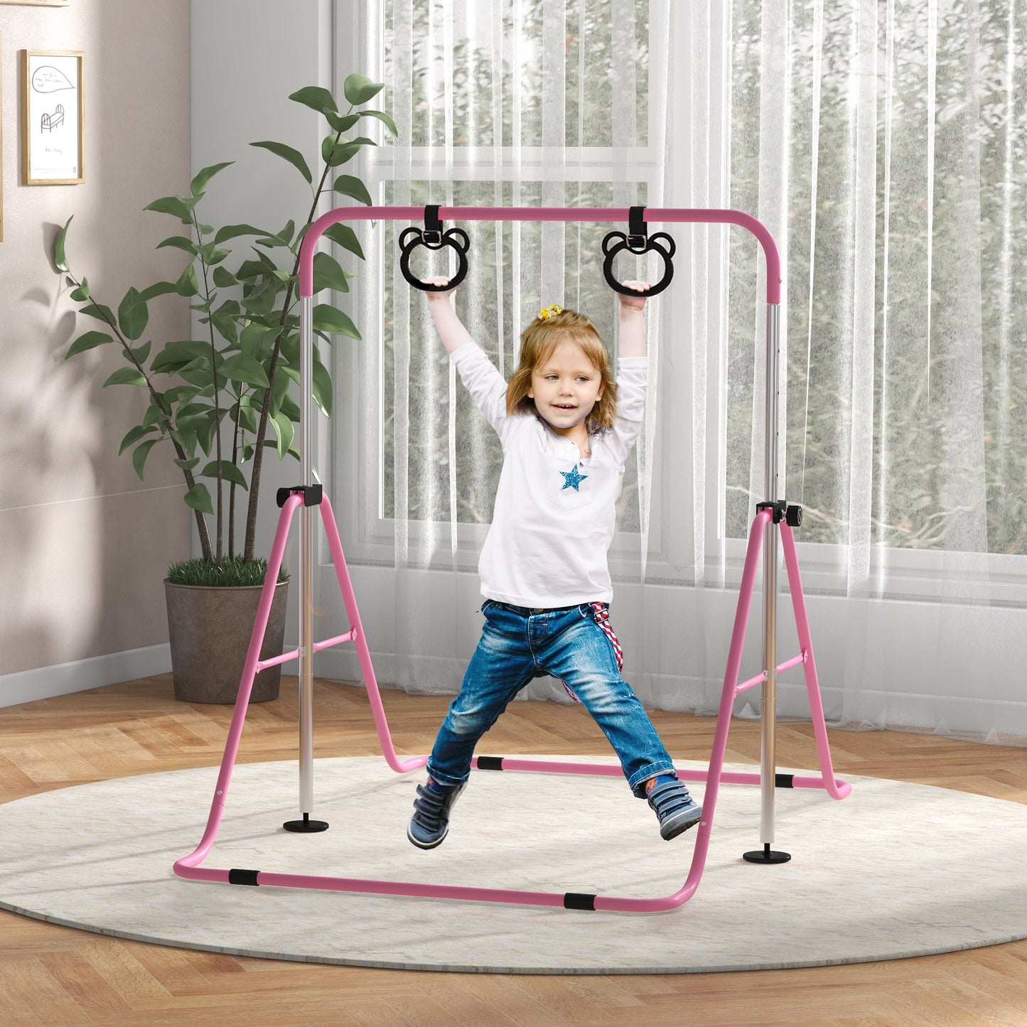 HOMCOM Adjustable Height, Foldable Kids Gymnastics Bar w/ Non-slip Rubber Floor Rings, for 3+ Years, Pink