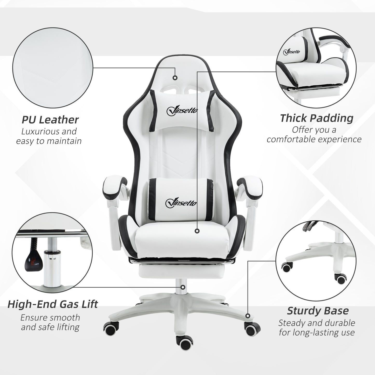 Vinsetto Ergonomic Computer Gaming Chair, PU Leather Office Desk Chair with Footrest, Swivel Wheels, 135° Reclining Back, Lumbar Support, Headrest for Home, White and Black