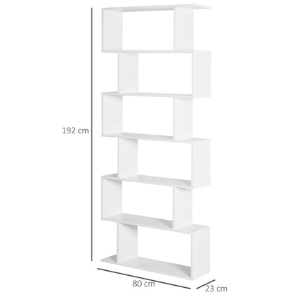 HOMCOM Bookcase, 6 Tier Shelf S Shaped Bookshelf, Storage Unit, Display Shelf for Living Room, Bedroom, Home Office, Plant, White