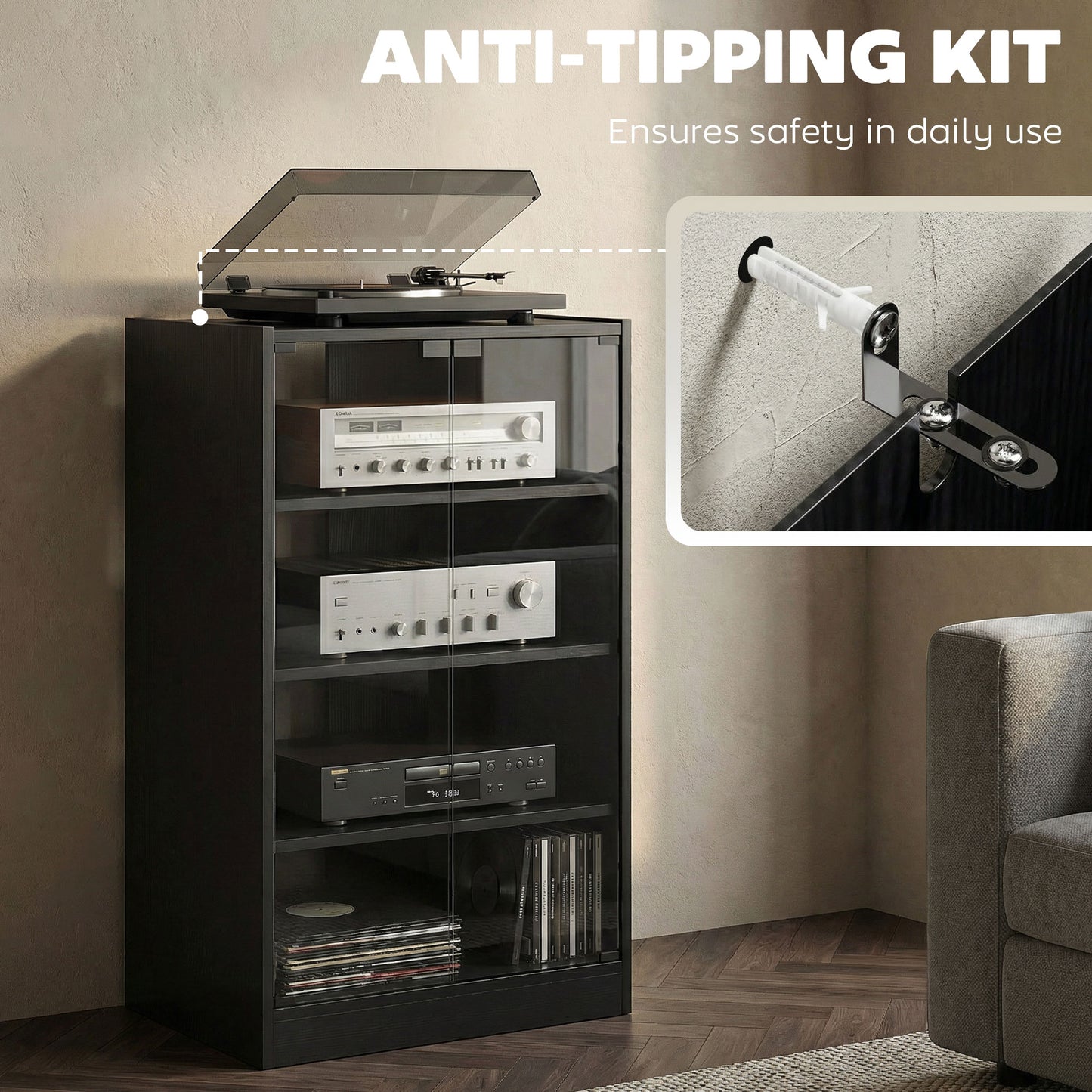 HOMCOM 4-Tier Hi-Fi Stand,  Record Player Stand with Adjustable Shelves and Push-to-Open Glass Doors, Black Wood-Effect