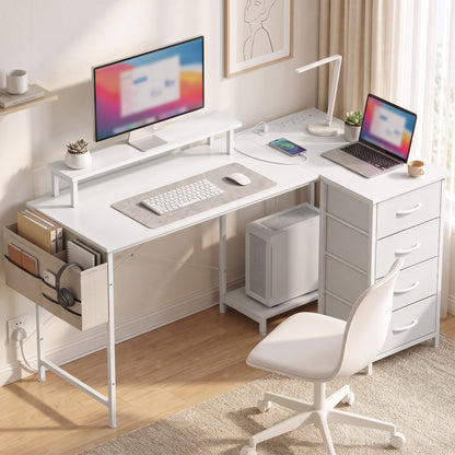 HOMCOM L Shaped Gaming Desk Reversible Power Outlets Corner Desk Storage Drawers Monitor Shelf 150 cm White