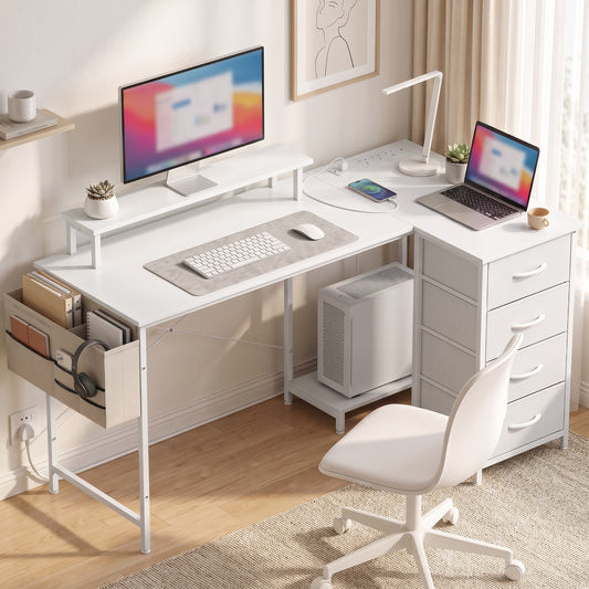 HOMCOM L Shaped Gaming Desk Reversible Power Outlets Corner Desk Storage Drawers Monitor Shelf 150 cm White