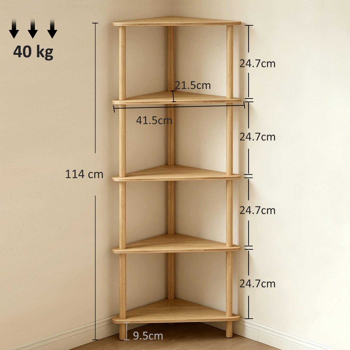 HOMCOM Bamboo Storage Shelf, 5-tier Corner Shelf, Freestanding Shelving Unit for Living Room, Home Office, Natural Wood Finish