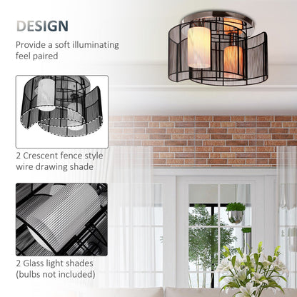HOMCOM Modern Chandelier, Semi-Flush Mount Ceiling Light with Glass Lampshade, 2 x E27 Bulb Base for Hallway, Dining Room, Living Room, White and Black