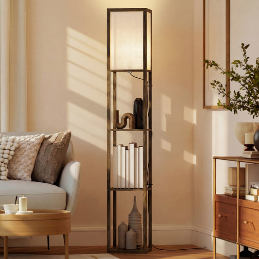 HOMCOM 3-Tier Floor Lamp with Shelves and Storage, Modern Corner Standing Lamp with Lampshade, Reading Light with Foot Switch for Living Room, Bedroom, Home Office, Bulb not Included, Brown