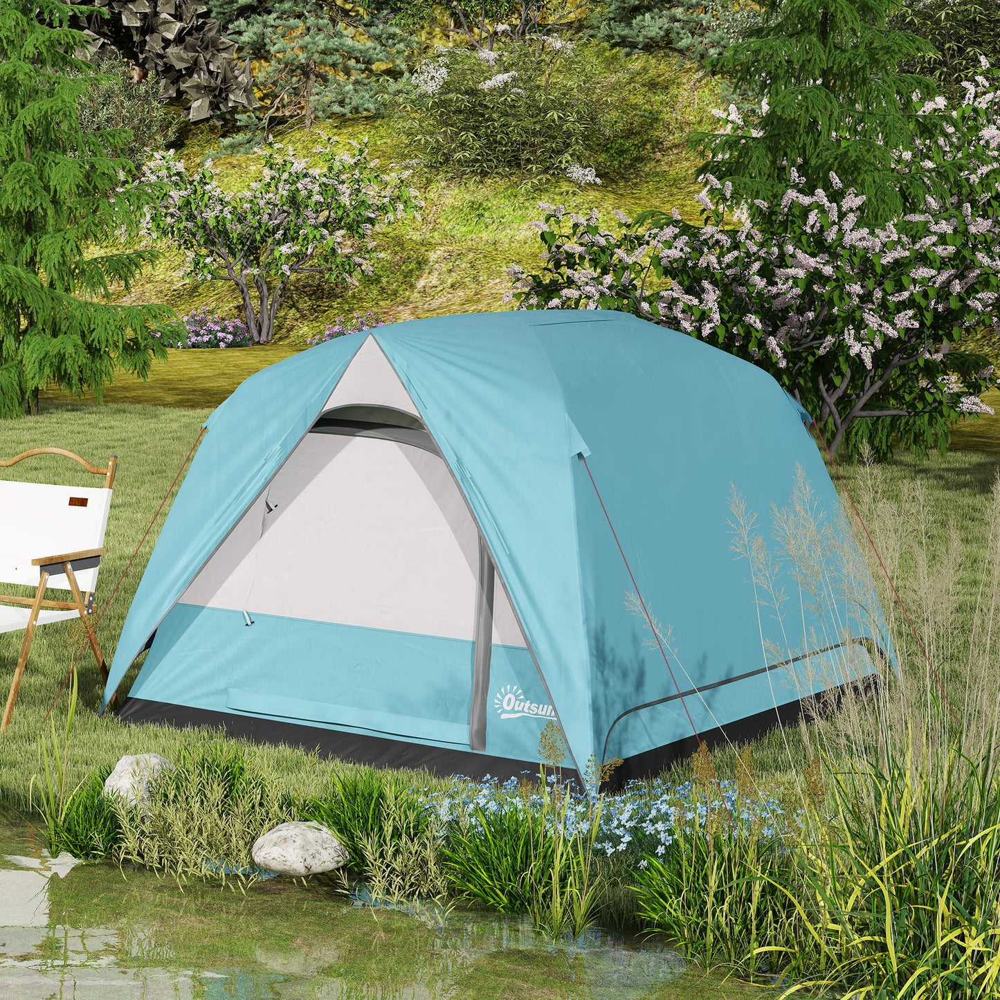 Outsunny 3-4 Person Camping Tent, Easy Set Up Waterproof Dome Tent with Sewn-in Groundsheet, Mesh Windows, Pocket and Hook for Camping, Hiking, Backpacking, Navy Blue and Light Blue