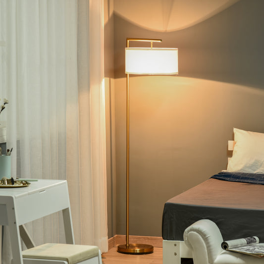 HOMCOM Floor Lamp, Modern Standing Lamp with Linen Lampshade, Round Base for Living Room, Bedroom, Dining Room, 153cm, Gold Tone and White