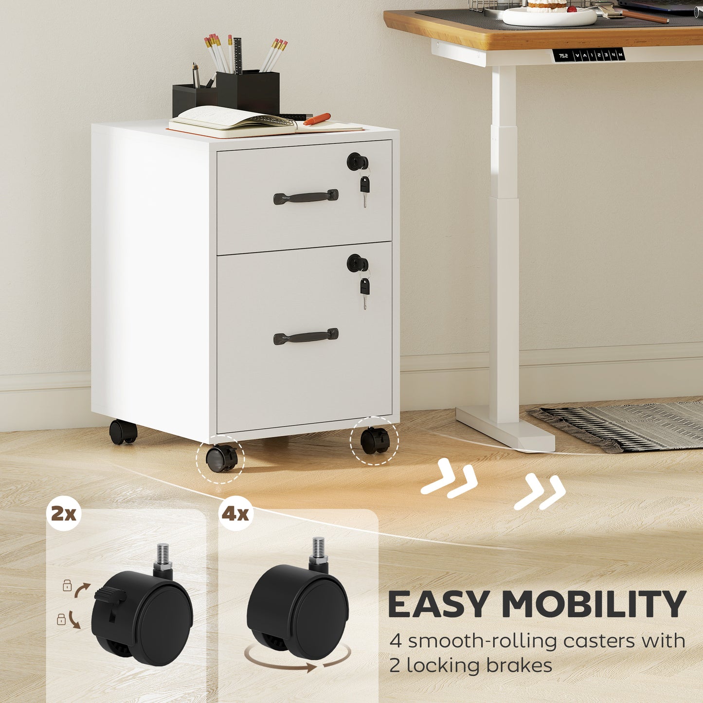HOMCOM Rolling File Cabinet with 2 Drawers, Mobile Filing Cabinet with Hanging File Folder for Letter Sized Documents, White