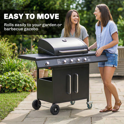 Outsunny 4+1 Burner Gas BBQ Grill with Storage Cabinet, 15.2 kW Gas Barbecue Trolley with Side Table, 4 Wheels, Warming Rack