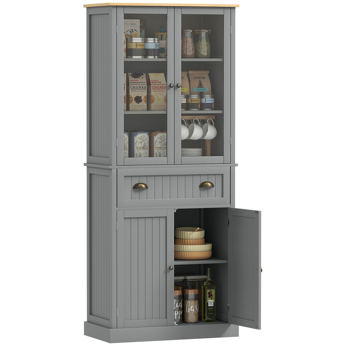 HOMCOM 180cm Tall Kitchen Pantry Cupboard, Freestanding Storage Cabinet with 5 Tier, Adjustable Shelves,  Drawer, Grey
