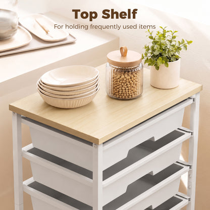 HOMCOM 6-Tier Storage Trolley on Wheels, Metal Kitchen Rolling Cart with 5 Pull-Out Drawers, White