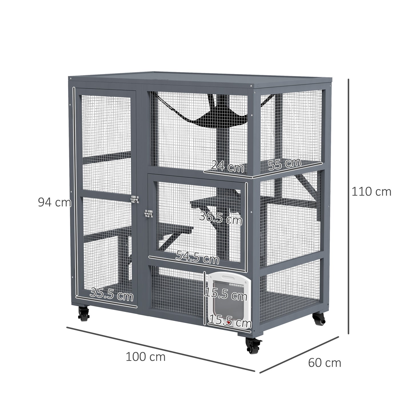 PawHut Cat House, Wooden Indoor Catio Cat Enclosure on Wheels, Wooden Kitty Cage with Platforms, Hammock, Light Grey