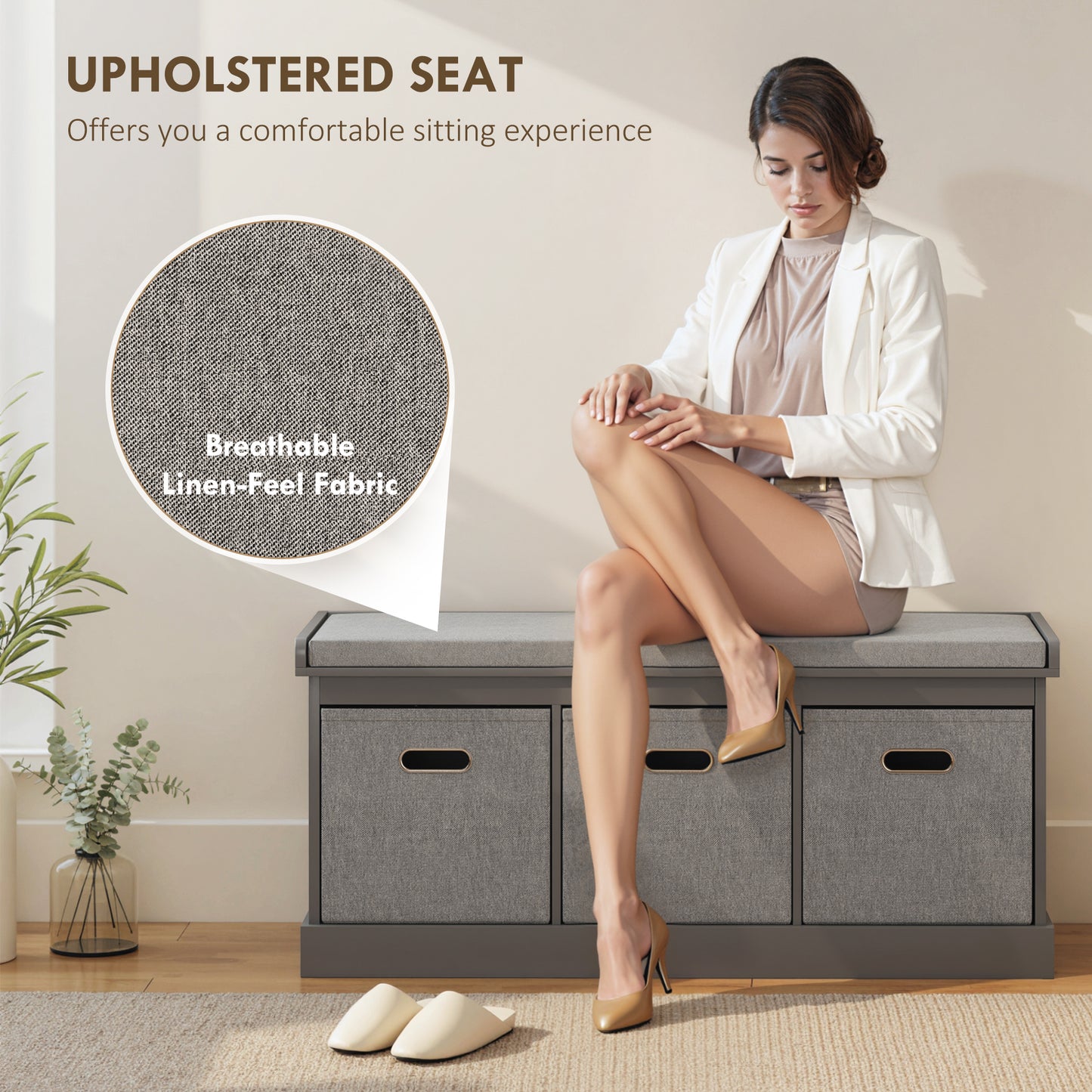 HOMCOM Three-Drawer Shoe Storage Bench, with Padded Top Seat - Grey