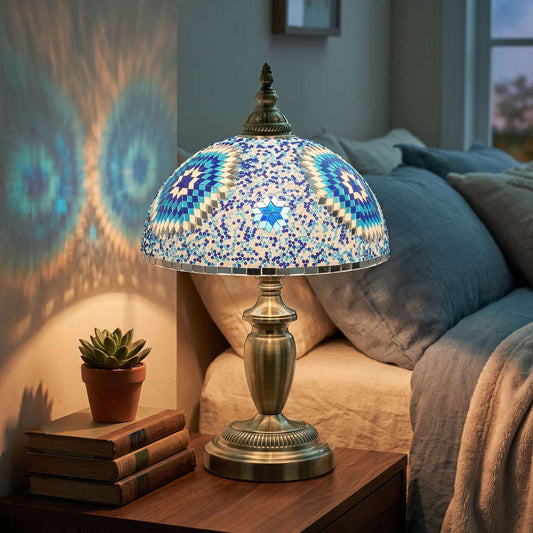HOMCOM Tiffany Lamp, Stained Glass Bedside Table Lamp with Button Switch and Metal Base, 12 x 12 x 20 Inches, Blue