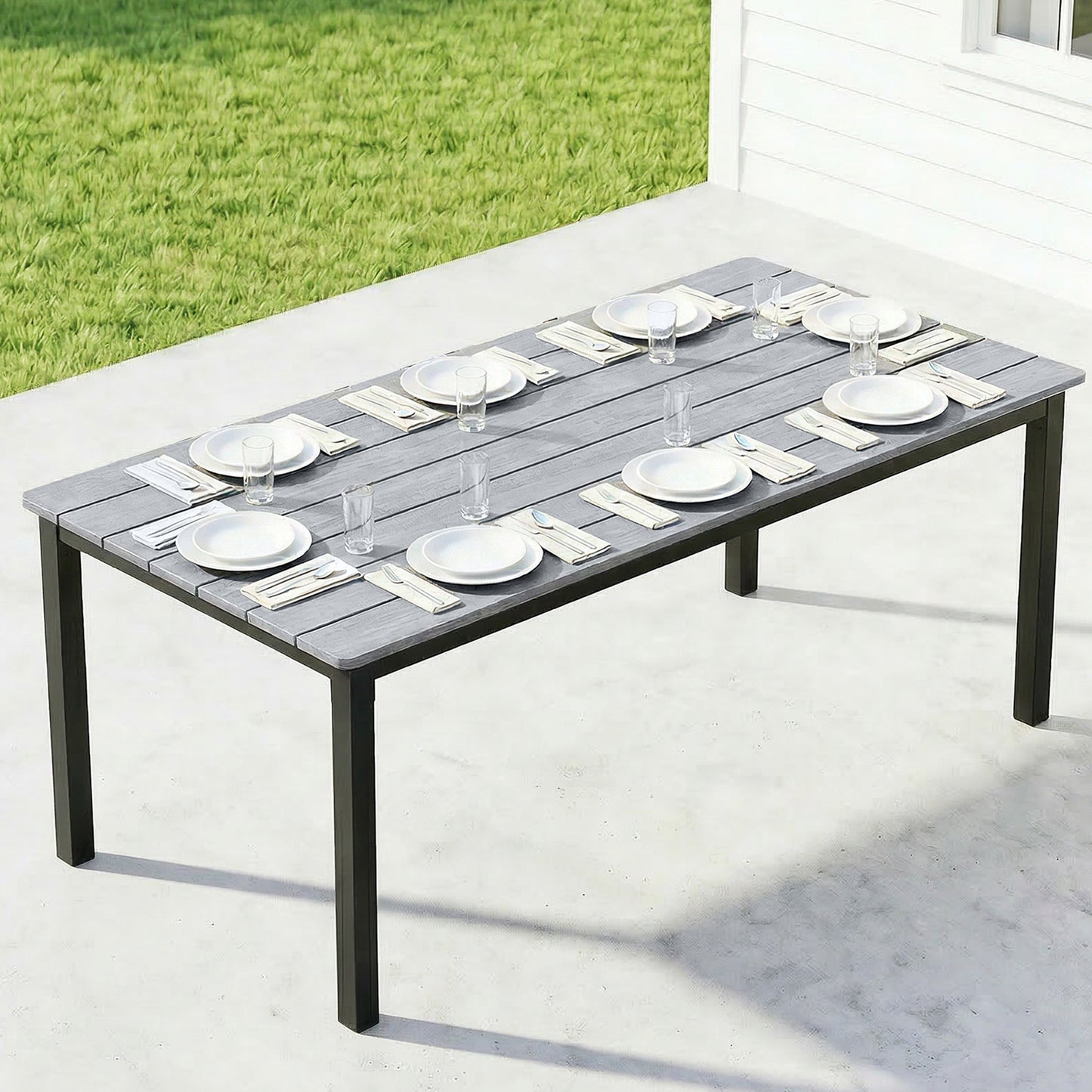 Outsunny Garden Dining Table for 6-8 Person, 180 x 86 cm Rectangular Outdoor Dining Table with Wood Slatted Top, Grey