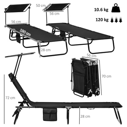 Outsunny Set of Two Folding Sun Loungers, with Adjustable Backs and Sun Canopies - Black