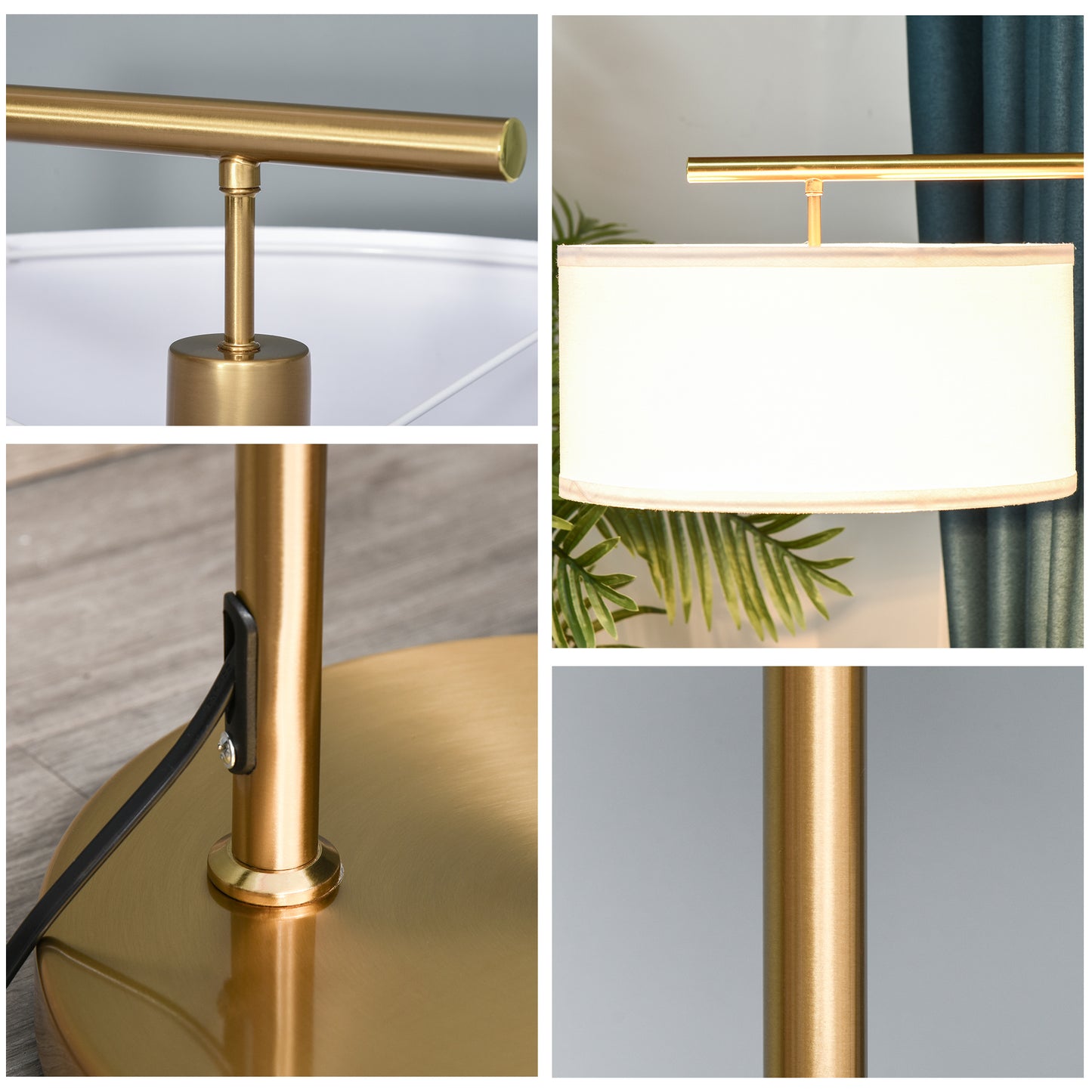 HOMCOM Floor Lamp, Modern Standing Lamp with Linen Lampshade, Round Base for Living Room, Bedroom, Dining Room, 153cm, Gold Tone and White