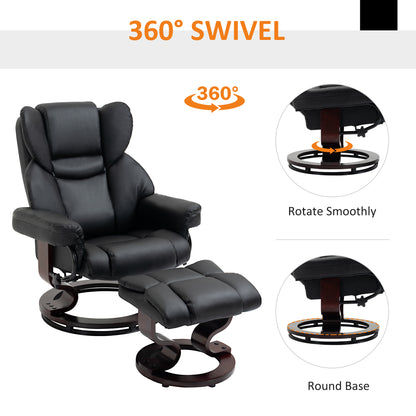 HOMCOM 360° Swivel Recliner Chair with Footstool, PU Leather Manual Recliner Armchair with Footstool, Solid Wood Base, Upholstered Reclining Chair for Living Room, Bedroom, Office, Black
