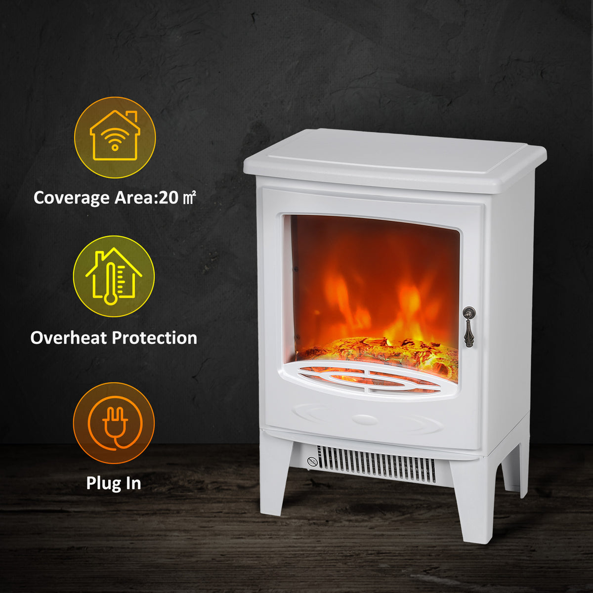 HOMCOM Tempered Glass Casing Electric Fireplace, Freestanding Electric Fire with Realistic Flame Effect, Log Burner with Overheat Protection, 1000w/ 2000W, White