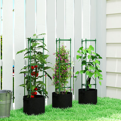 Outsunny 3 Packs Tomato Cages with 83.7L Grow Bags, 120cm Adjutstable Triangle Plant Stakes Support Trellis with Planter Bags