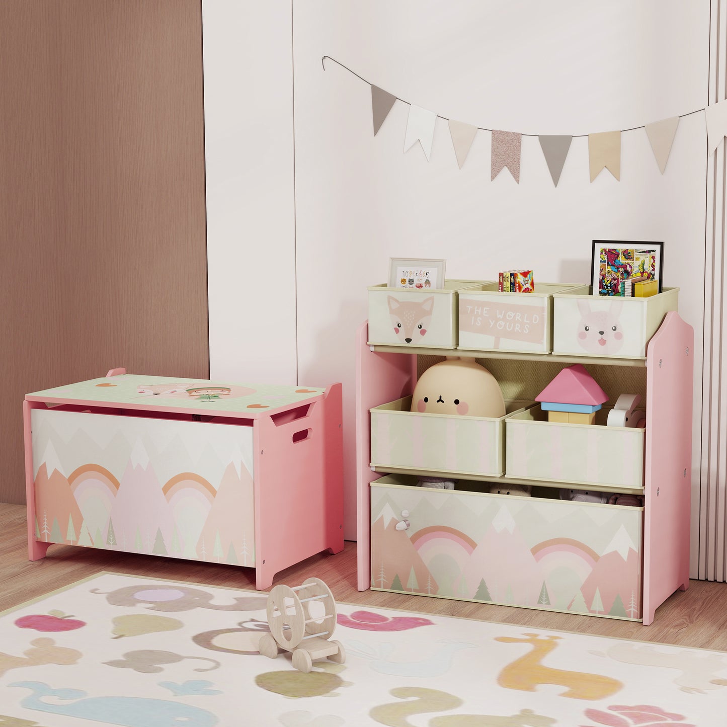 ZONEKIZ Kids Storage Unit, Toy Storage Organiser, with Six Fabric Bins, for Bedrooms, Playrooms, Nurseries - Pink--ChewyGames-ChewyGames