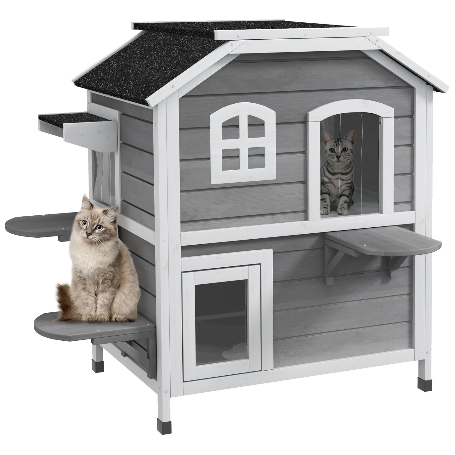 PawHut 2-story Cat House Outdoor, Weatherproof Wooden Cat Enclosure with Escape Door, Openable Roof, Jumping Platforms, Grey