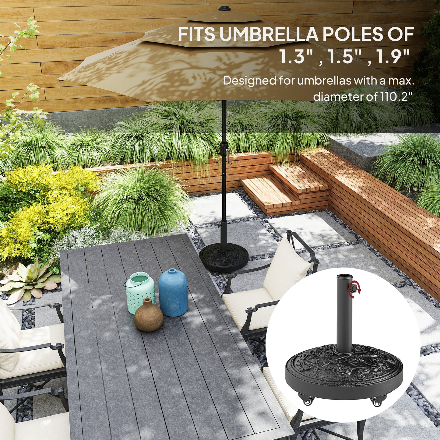 Outsunny Parasol Base, Umbrella Base with Wheels Cast Iron Effect, for Umbrella, Canopy, Weather Resistant, Black