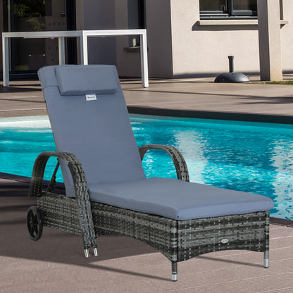 Outsunny Garden Rattan Furniture Single Sun Lounger Recliner Bed Reclining Chair Patio Outdoor Wicker Weave Adjustable Headrest with Fire Retardant Cushion - Grey