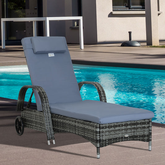 Outsunny Garden Rattan Furniture Single Sun Lounger Recliner Bed Reclining Chair Patio Outdoor Wicker Weave Adjustable Headrest with Fire Retardant Cushion - Grey