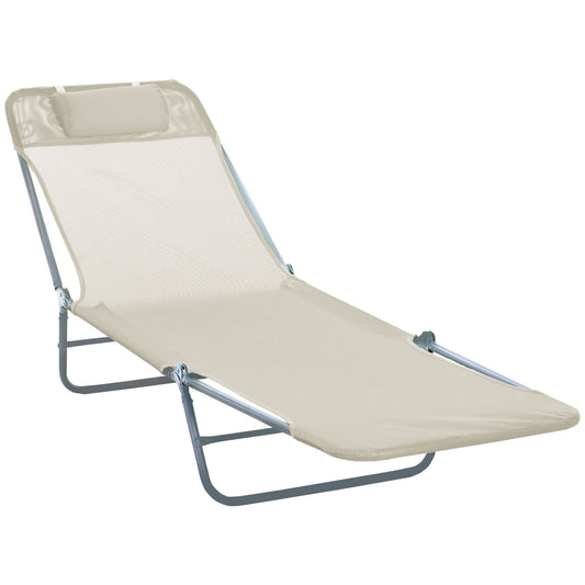 Outsunny Folding Sun Lounger, Texteline Reclining Sun Bed with 5 Position Adjustable Backrest, Headrest, Beige
