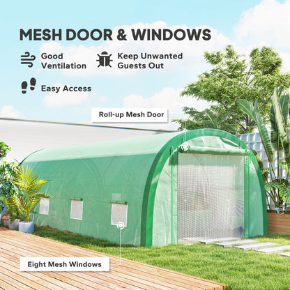 Outsunny 6 x 3(m) Polytunnel Greenhouse with Upgraded Structure, Mesh Door and Windows, 15 Plant Labels, Green