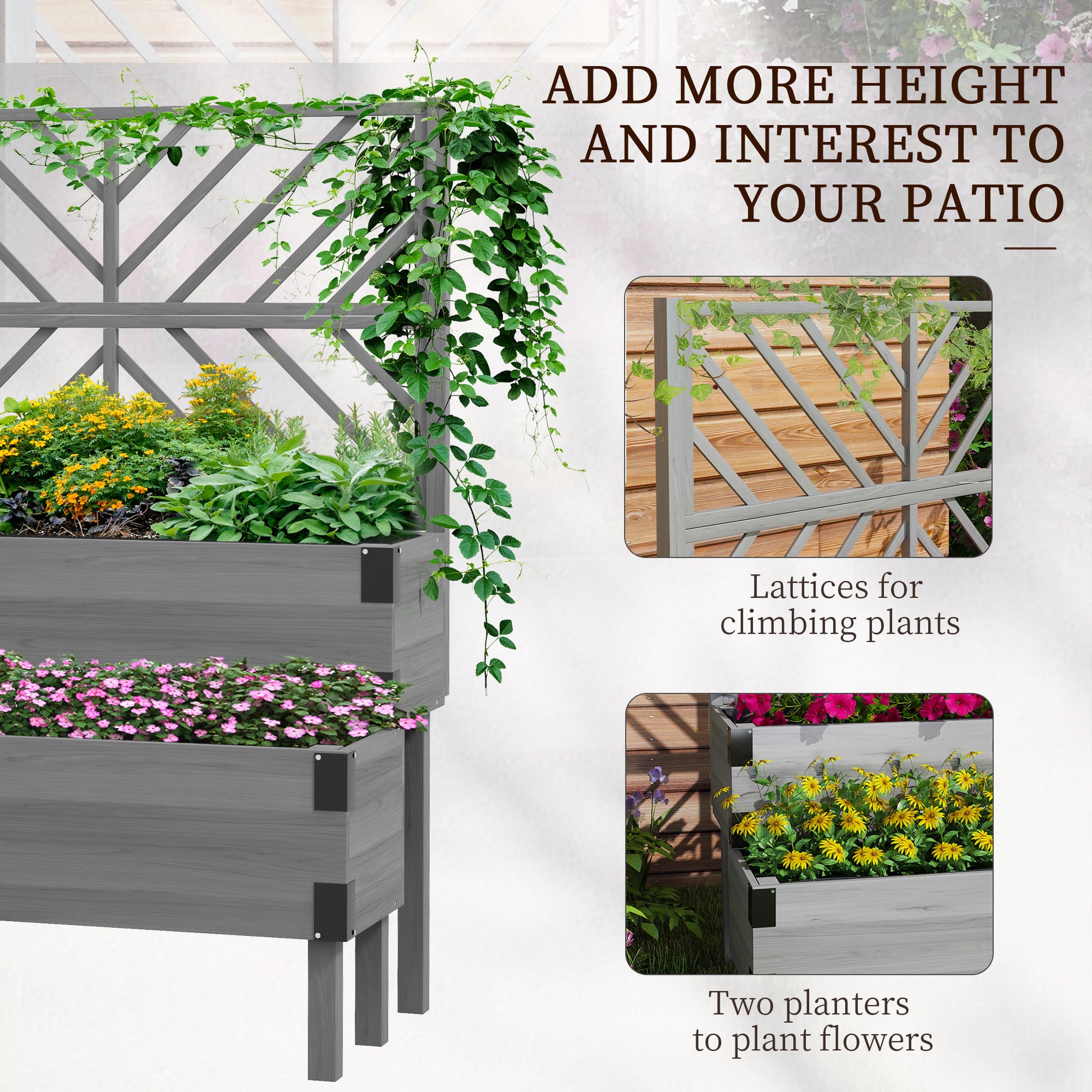 Outsunny Raised Garden Bed with Trellis, 2-Tier Wooden Elevated Planter Box  for Vegetables, Flowers, Herbs, Grey--ChewyGames-ChewyGames